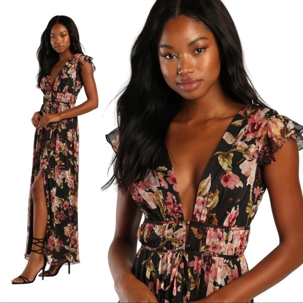 Lulus I'm All Yours Black Floral Print Ruffled Maxi Dress M